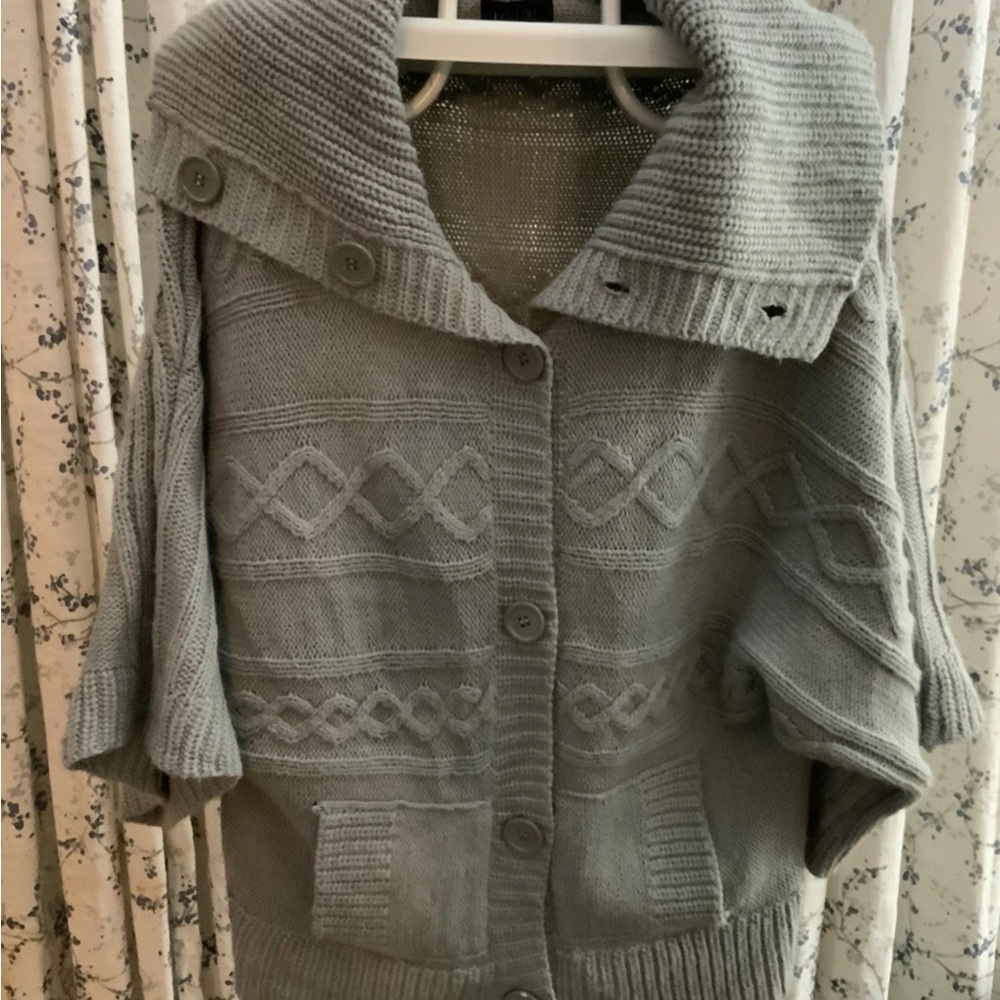Loulou Studio Women's Gray Textured Button Up Half Sleeve Cowl Neck Sweater Sz L